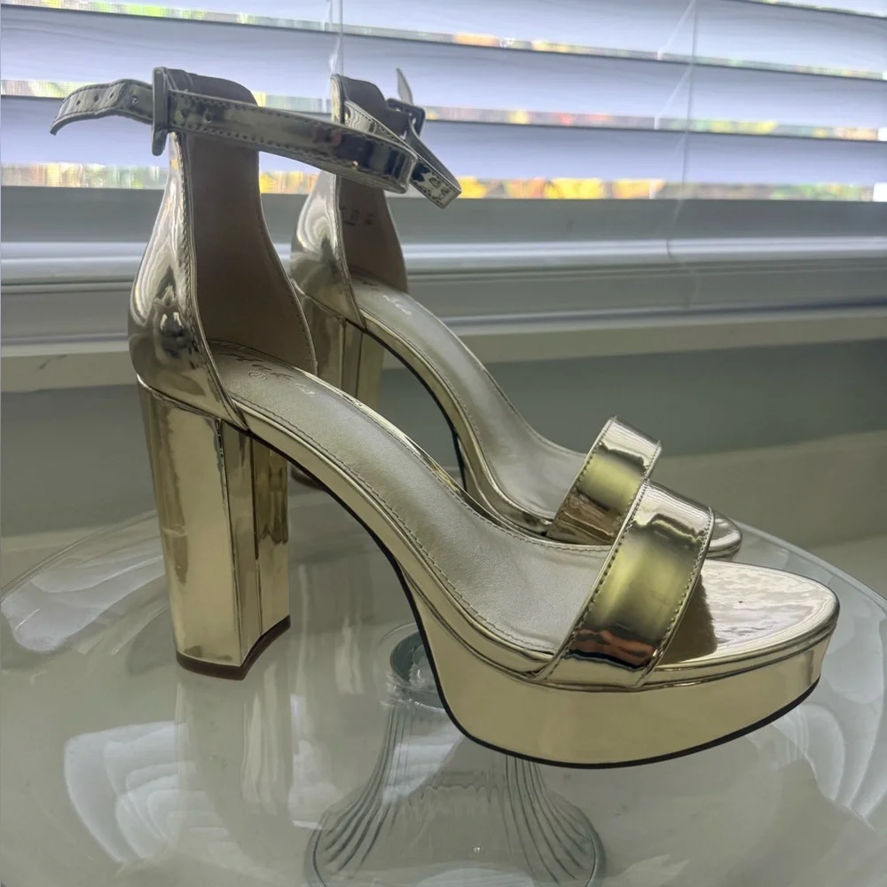 Gold Chunky Platform Heels - 4 Inch Block Heeled Sandals